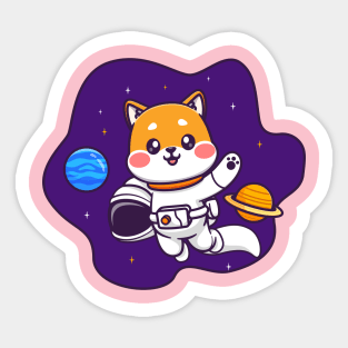 Cute Shiba Inu Dog Astronaut In Space With Planet Cartoon Sticker